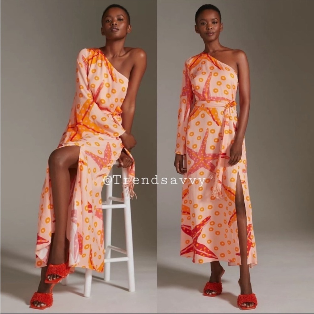 Anthropologie Farm Rio One Shoulder Starfish Print Maxi Dress Orange Resort S